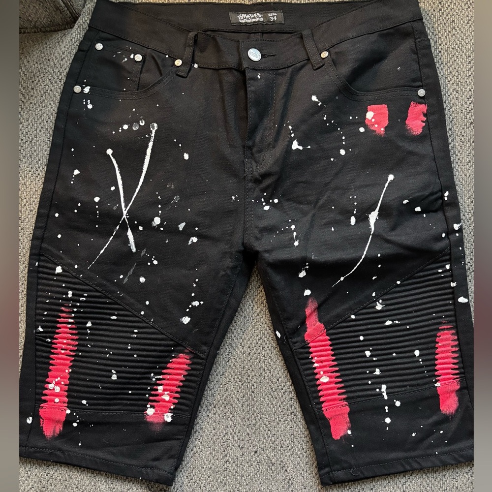 Men's Black and Red Paint-Splatter Jean Shorts